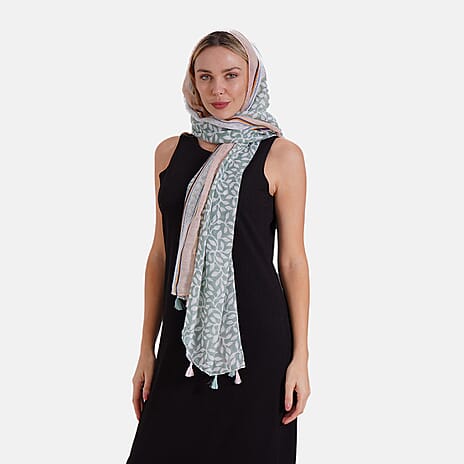 New Arrival- Abstract Flower & Leaf Pattern Dual Scarf Set - Green & Multicolor