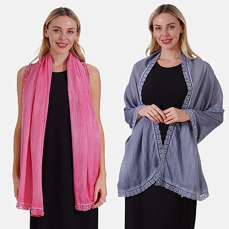 New Arrival- Elegant Lace Trim Dual Scarf Set - Pink & Blue