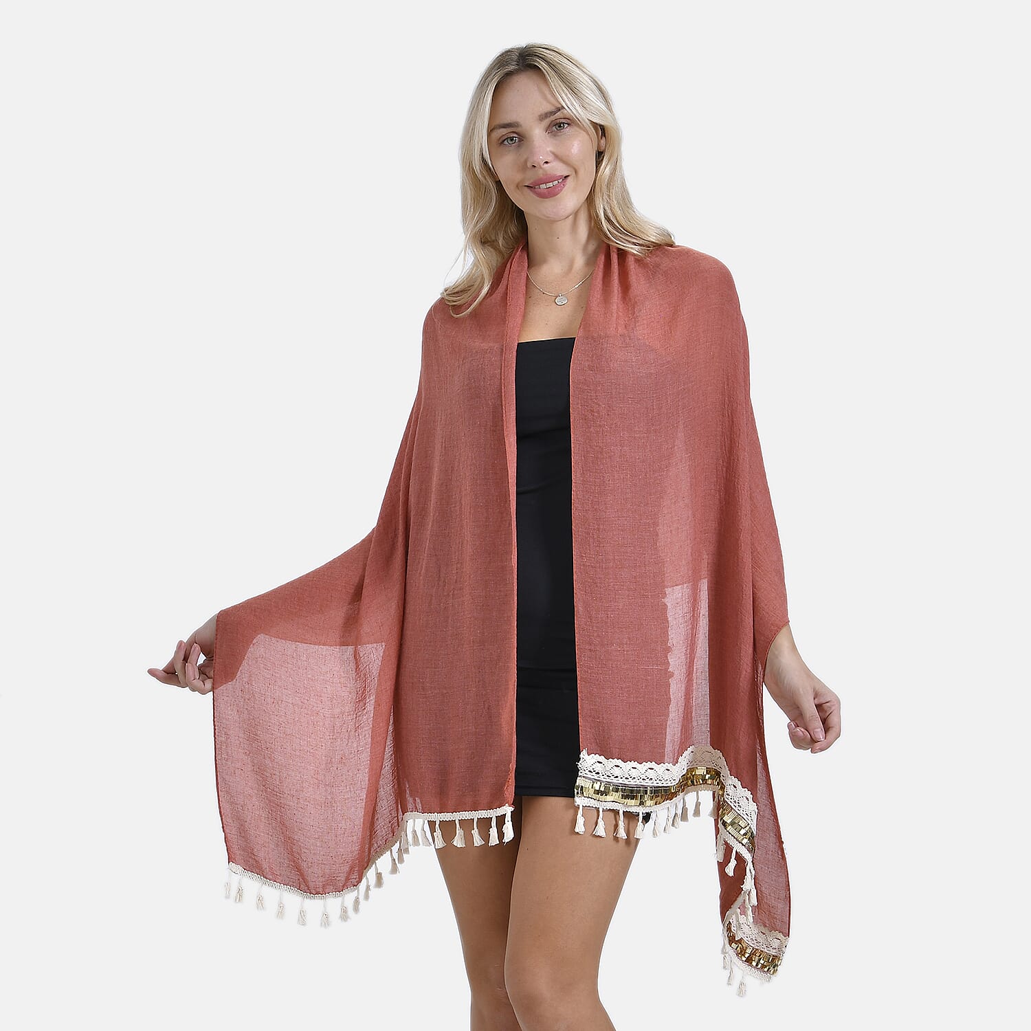 Closeout Deal - New Arrival Adorable Scarf with Small Fringes on Bottom (One Size) - Brown Rust Closeout Deal - New Arrival Adorable Scarf with Small Fringes on Bottom (One Size) - Brown Rust