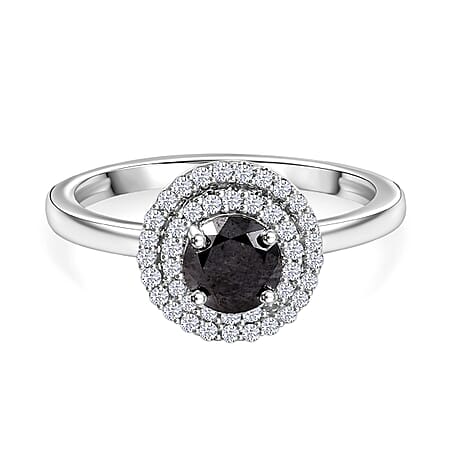 9K White Gold Black Diamond, White Diamond I3 Double Halo Ring