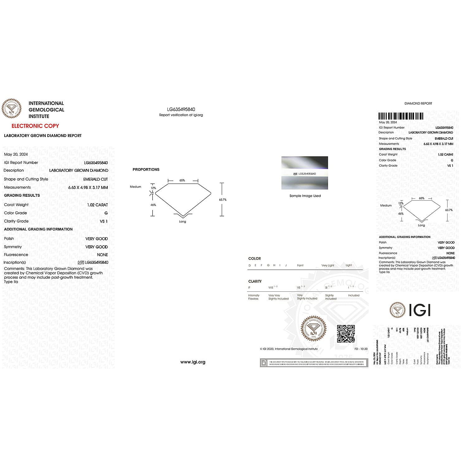 Lab Grown Diamond Emerald 6.63x4.98 mm IGI Certified VS-G