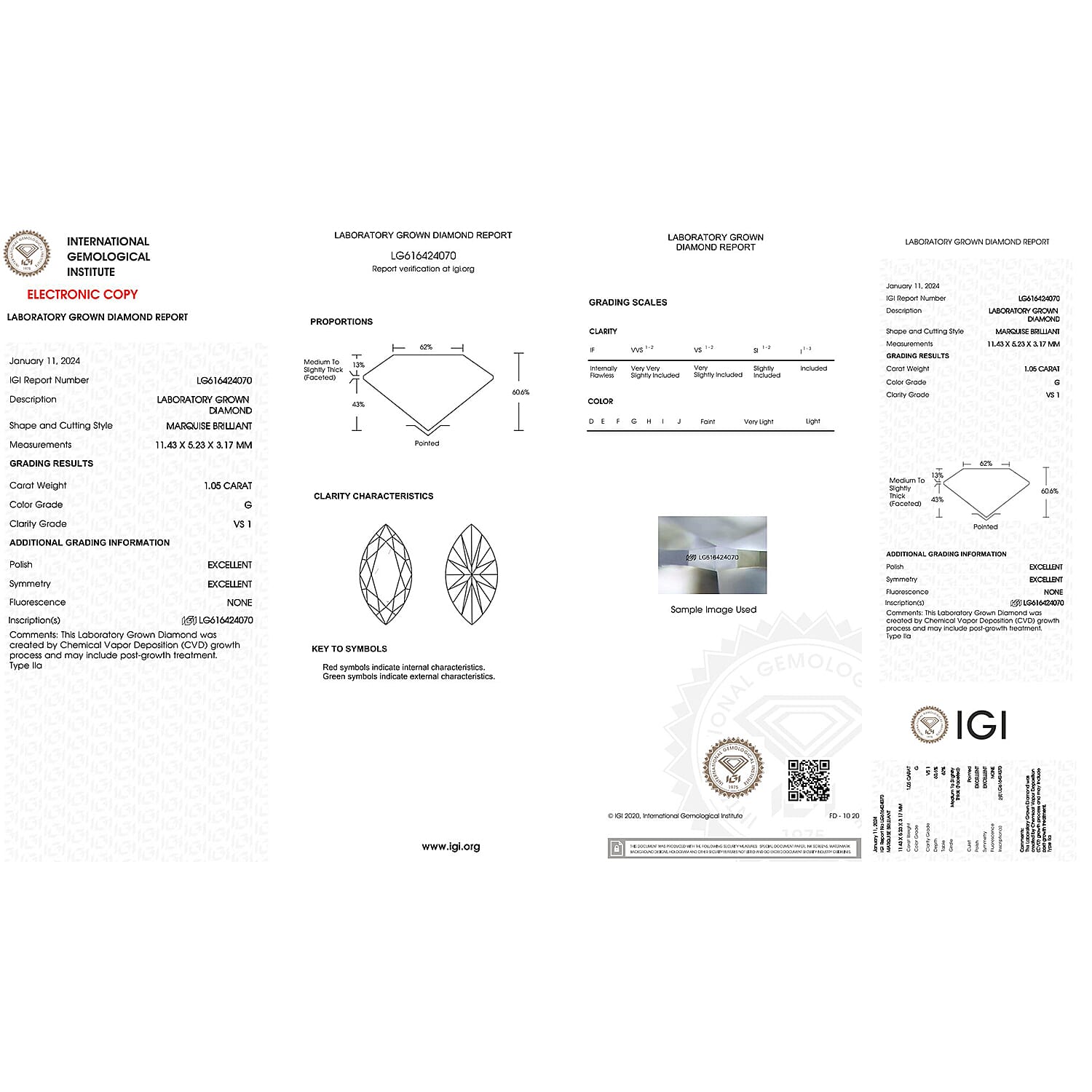 Lab Grown Diamond Marquee 11.43x5.23 mm IGI Certified VS-G