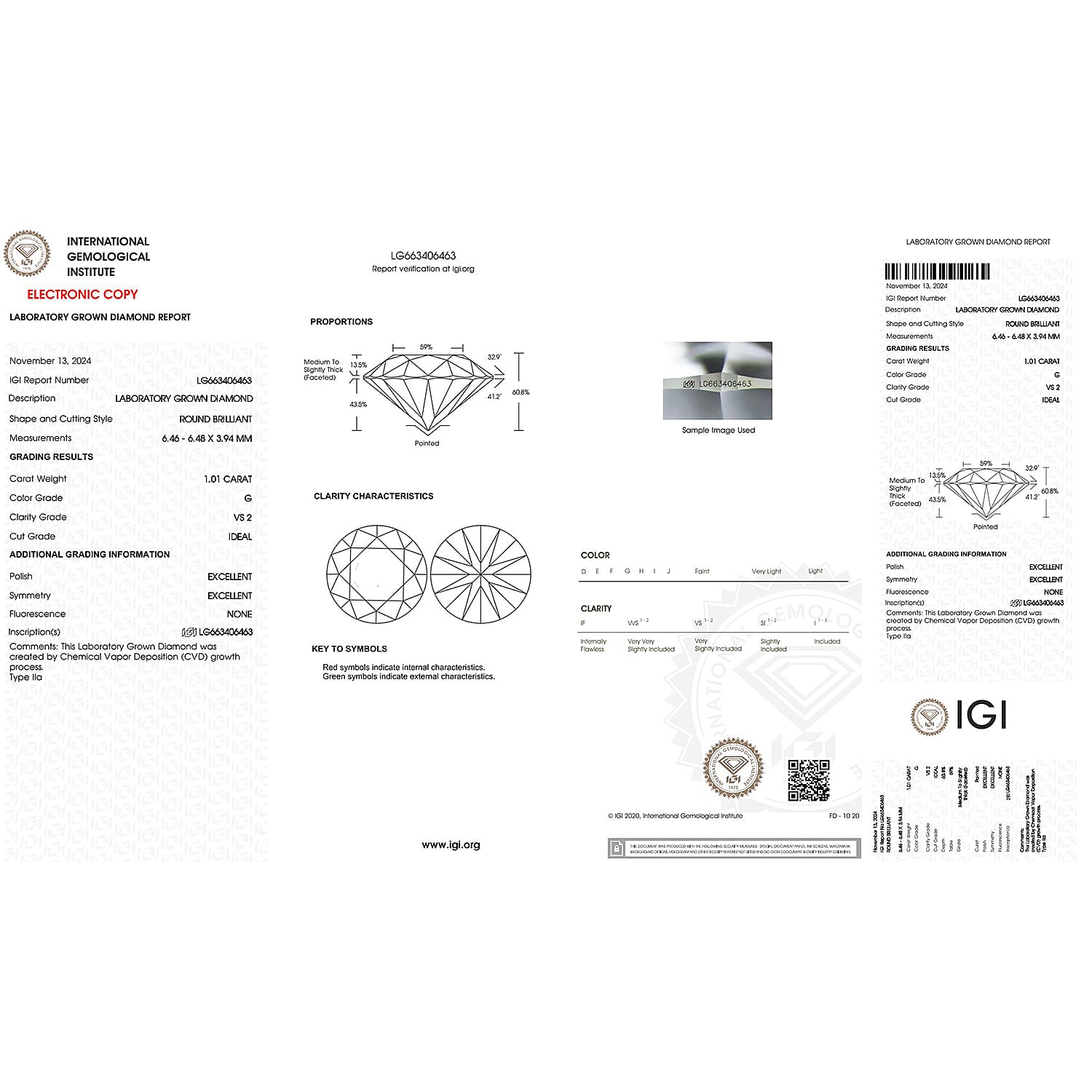 Lab Grown Diamond Round 6.46 mm IGI Certified VS2-G Quality Diamond. Lab Grown Diamond Round 6.46 mm IGI Certified VS2-G Quality Diamond.