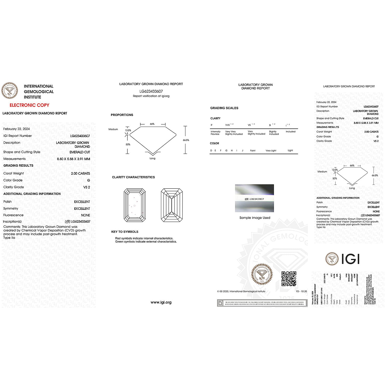 Lab Grown Diamond Emerald 8.80x5.88 mm IGI Certified VS2-G Quality Diamond.