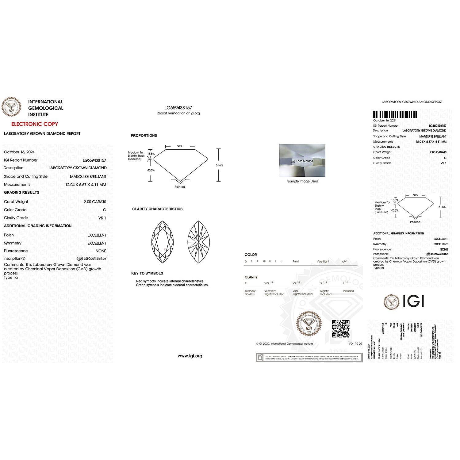 Lab Grown Diamond Marquee 12.04x6.67 mm IGI Certified VS1-G Quality Diamond.
