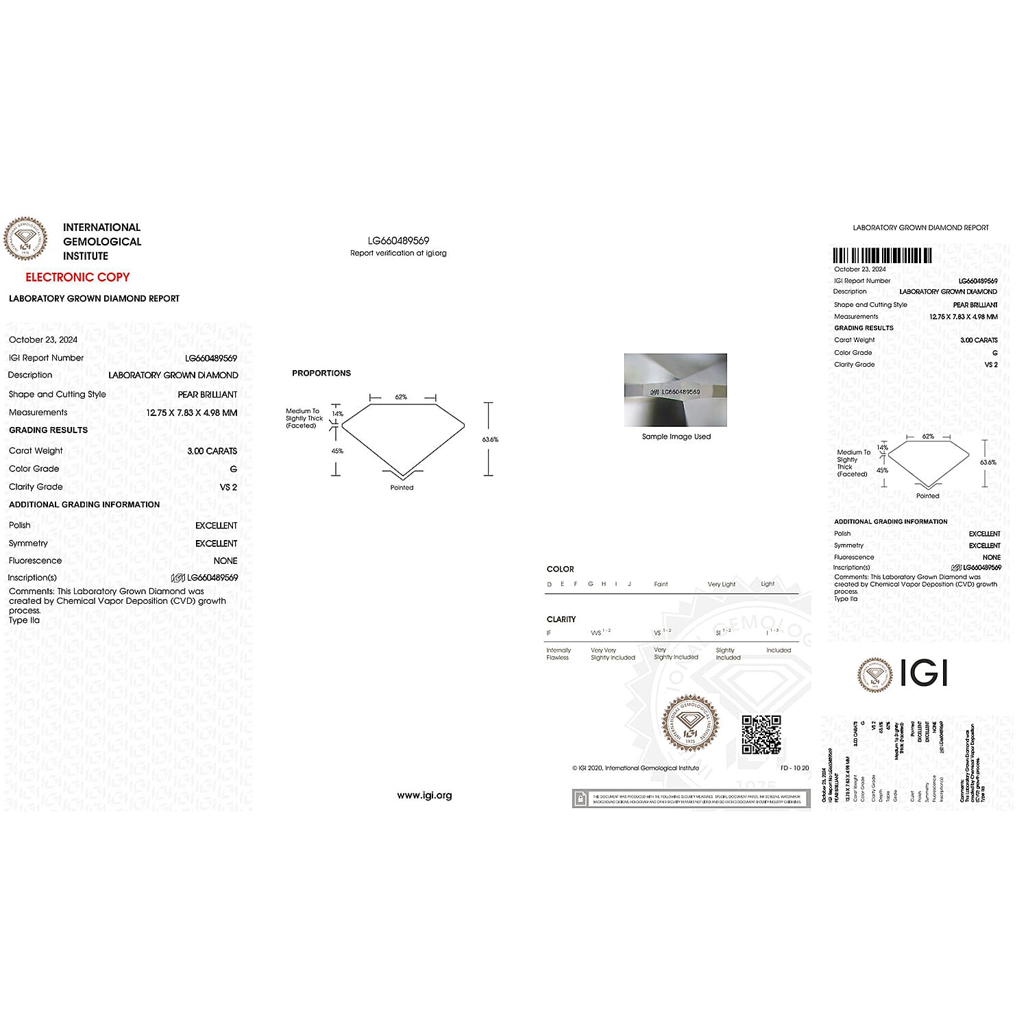 Lab Grown Diamond Pear 12.75X7.83 mm IGI Certified VS2-G Quality Diamond.