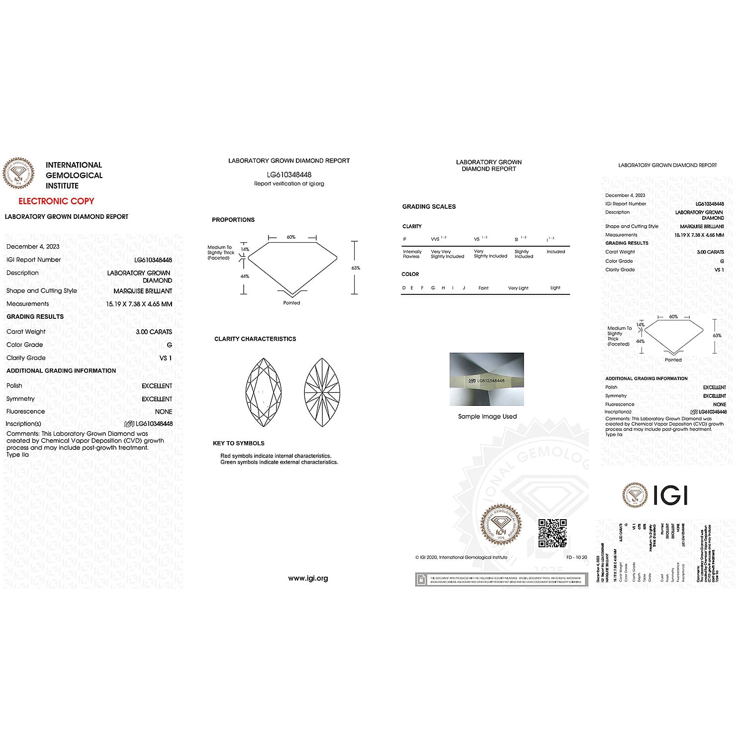 Lab Grown Diamond Marquee 15.19x7.38 mm IGI Certified VS1-G Quality Diamond.