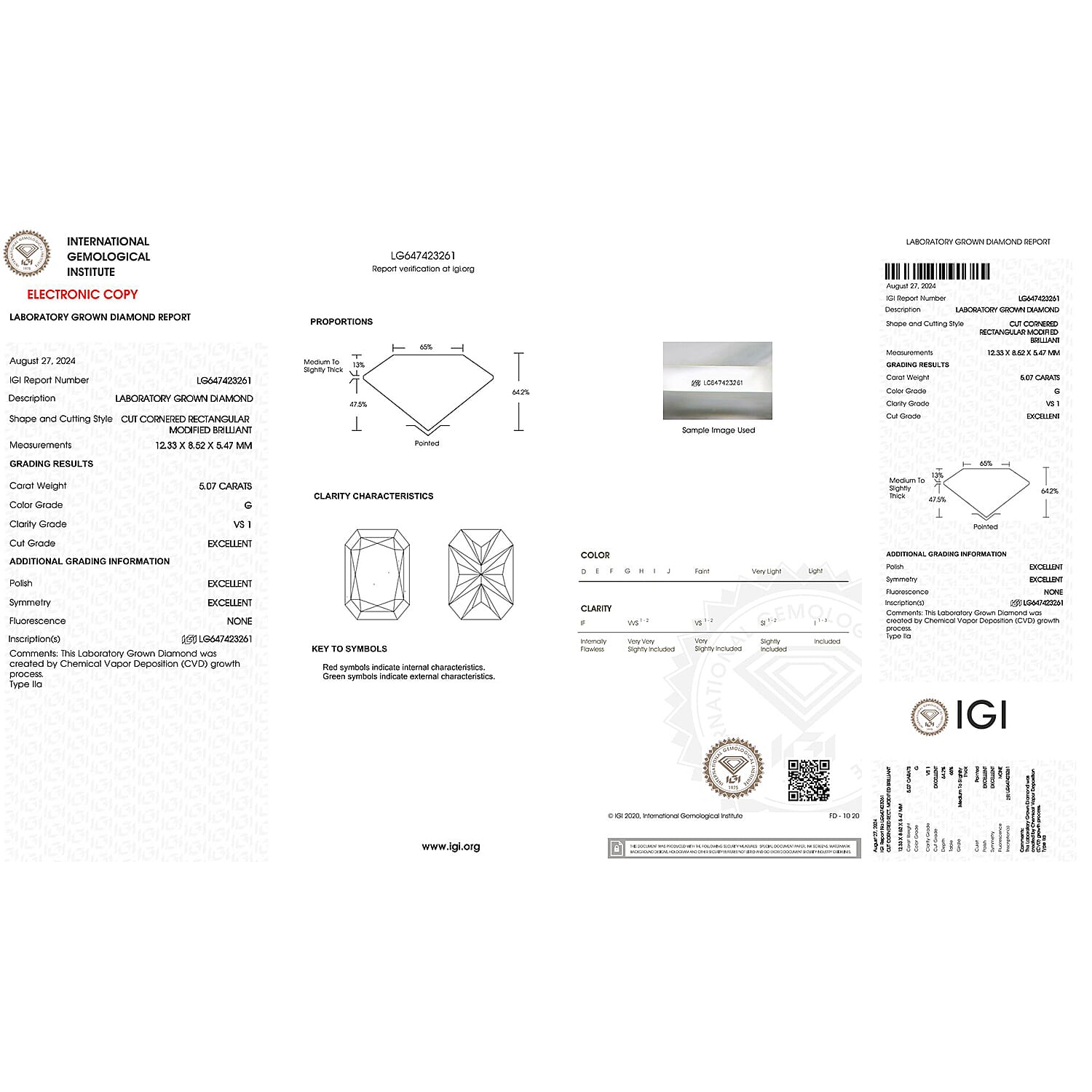 Lab Grown Diamond Rectangular 12.33x8.52 mm IGI Certified VS1-G Quality Diamond.