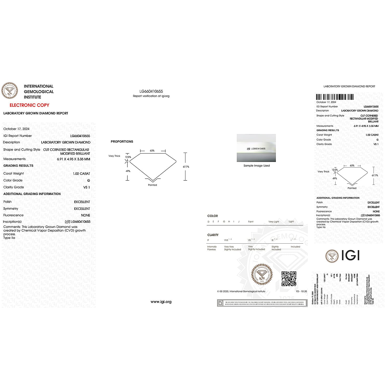 Lab Grown Diamond Rectangular 6.91x4.96 mm IGI Certified VS1-G Quality Diamond.