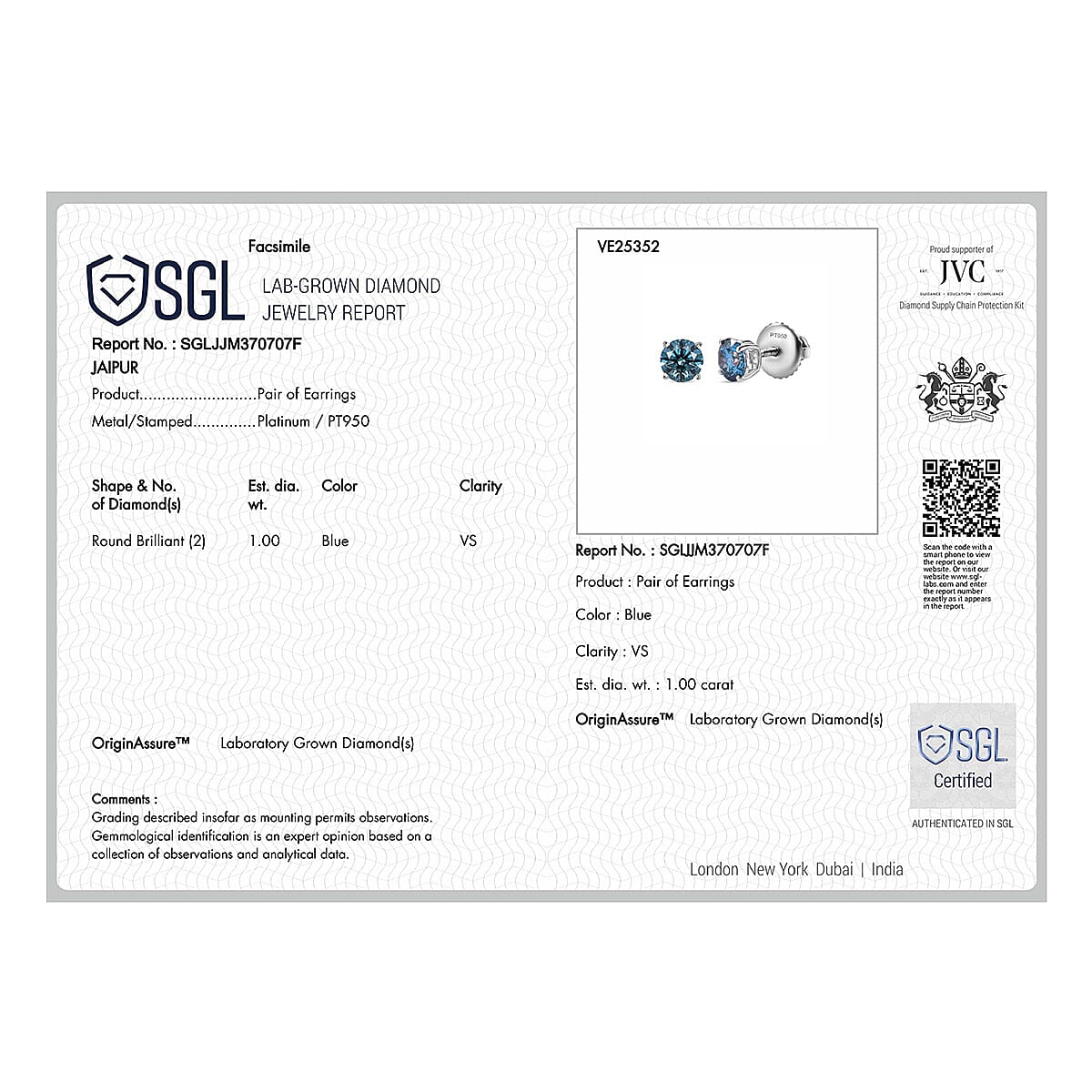 Luxuriant - 950 Platinum SGL Certified Lab Grown (VS) Blue Diamond Solitaire Studs with Screw Back Earring 1.01 Ct.