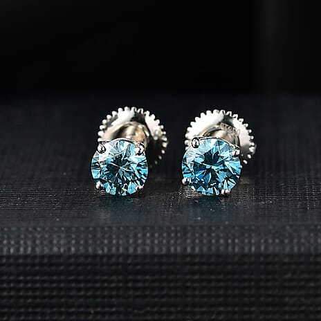 Luxuriant Diamond - 950 Platinum SGL Certified Lab Grown VS Blue Diamond Solitaire Studs With Screw Back Earring 1.00 Ct.