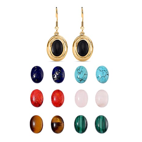 Set of 7 Stones - Lapis Lazuli & Interchangeable Multi Gemstones Magnet Earring with Hook in Yellow Tone 56.00 Ct