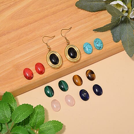 Set of 7 Stones - Lapis Lazuli & Interchangeable Multi Gemstones Magnet Earring with Hook in Yellow Tone 56.00 Ct