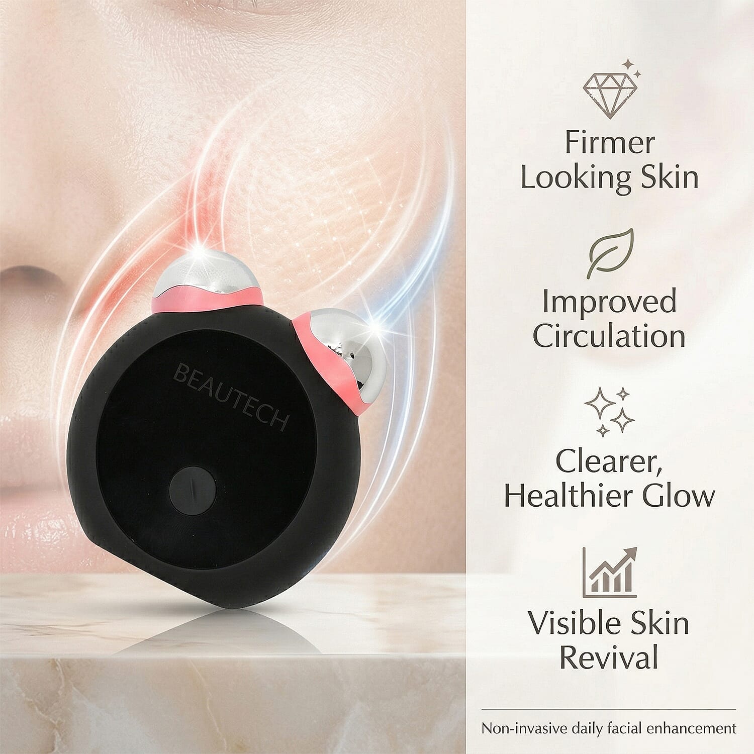 BEAUTECH Mini EMS Facial Massager - Red & Blue Light Therapy & Type-C Rechargeable (Black Matt)