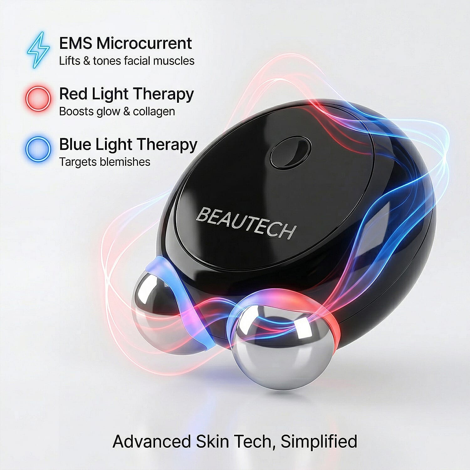 BEAUTECH Mini EMS Facial Massager - Red & Blue Light Therapy & Type-C Rechargeable (Black Matt)