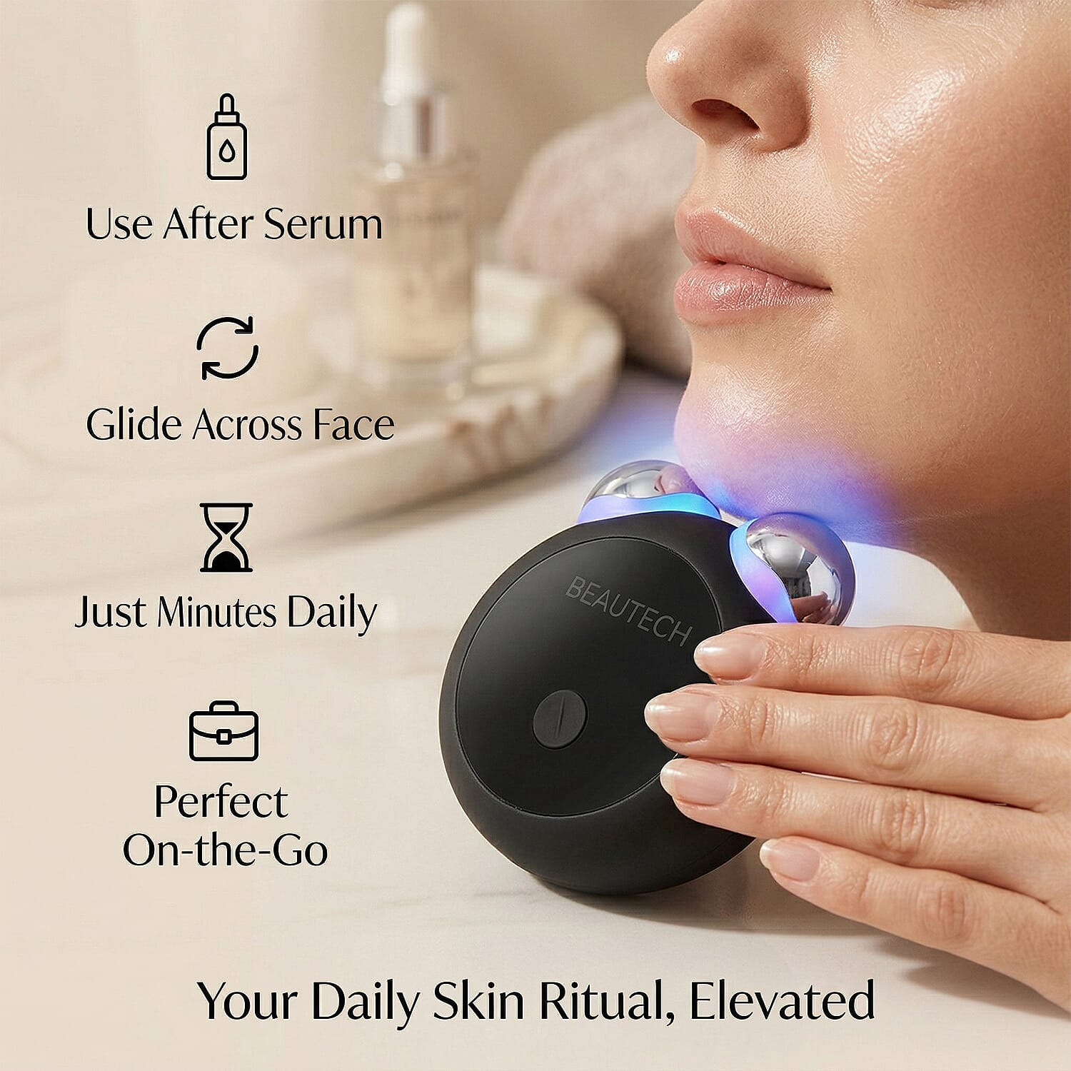 BEAUTECH Mini EMS Facial Massager - Red & Blue Light Therapy & Type-C Rechargeable (Black Matt)