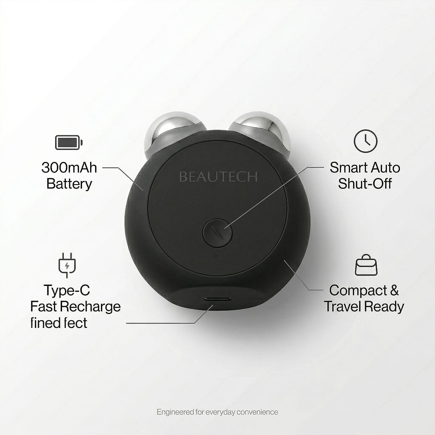 BEAUTECH Mini EMS Facial Massager - Red & Blue Light Therapy & Type-C Rechargeable (Black Matt)