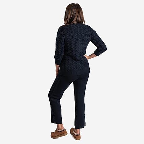 Cable Knitted Wide Leg Trousers (One Size, upto 18) - Navy