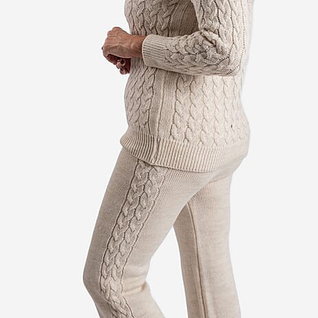 Cable Knitted Wide Leg Trousers (One Size, upto 18) - Beige