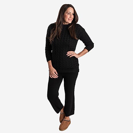 Cable Knitted Wide Leg Trousers (One Size, upto 18) - Black