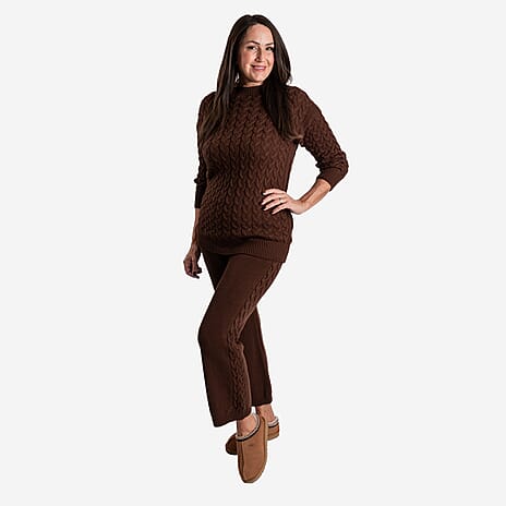 Cable Knitted Wide Leg Trousers (One Size, upto 18) - Brown