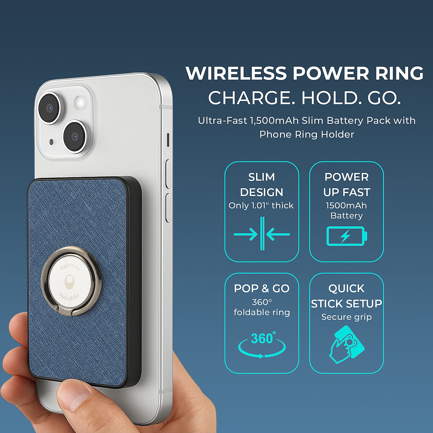 Wireless Power Ring Ultra-Fast 1500mAh Slim Battery Pack With Phone ring Holder