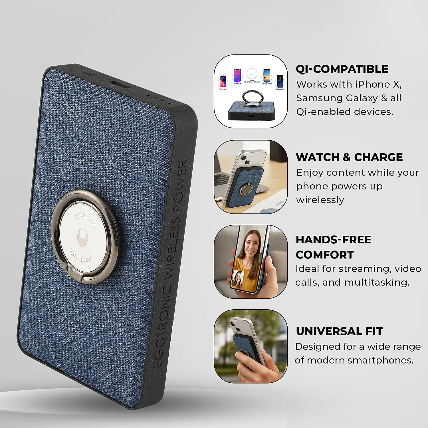 Wireless Power Ring Ultra-Fast 1500mAh Slim Battery Pack With Phone ring Holder