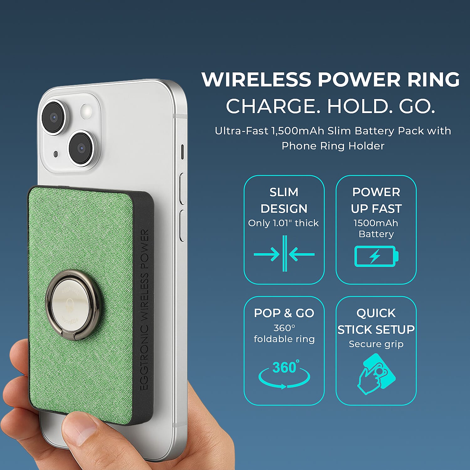 Wireless Power Ring Ultra-Fast 1,500mAh Slim Battery Pack With Phone ring Holder - Green