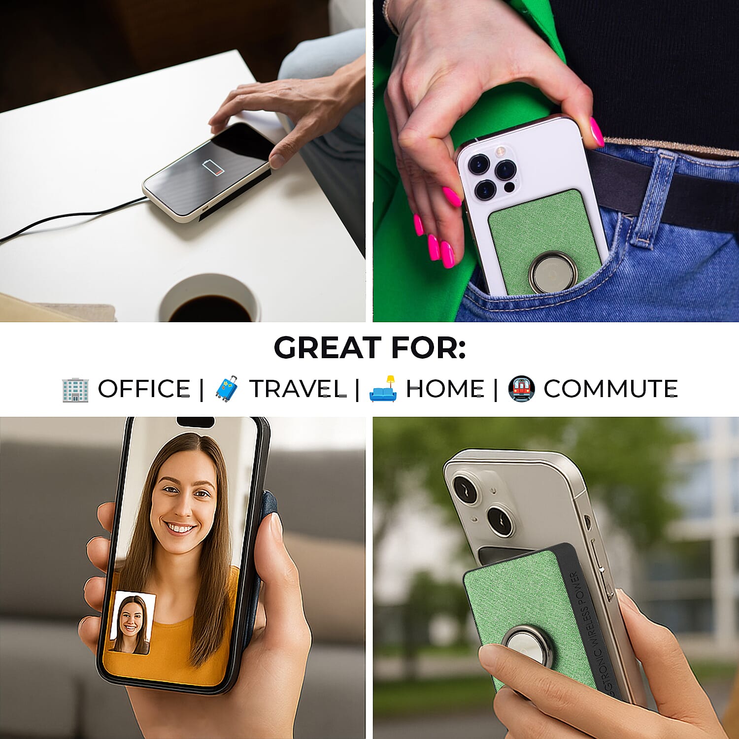 Wireless Power Ring Ultra-Fast 1,500mAh Slim Battery Pack With Phone ring Holder - Green