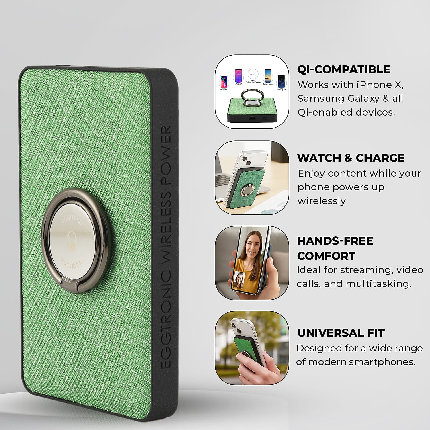 Wireless Power Ring Ultra-Fast 1,500mAh Slim Battery Pack With Phone ring Holder - Green