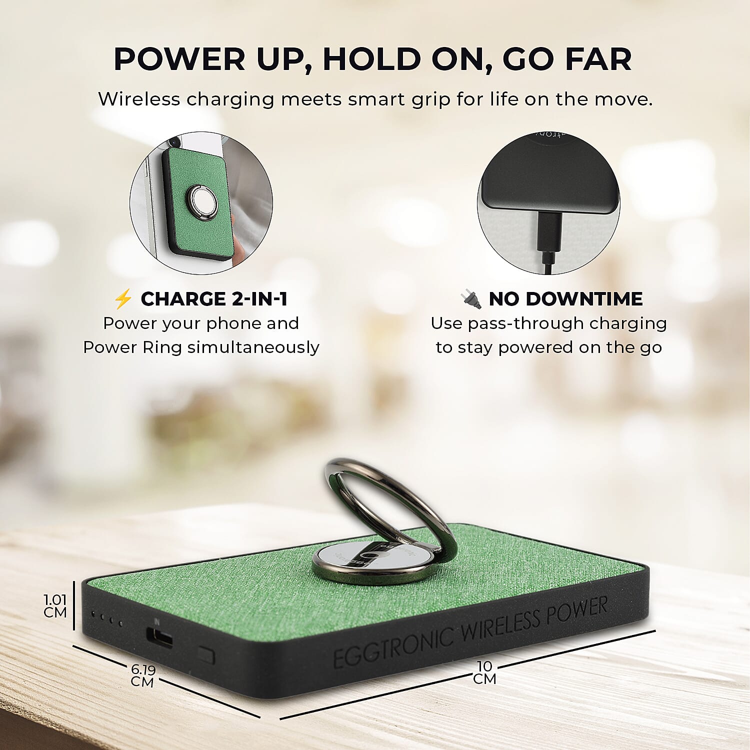 Wireless Power Ring Ultra-Fast 1,500mAh Slim Battery Pack With Phone ring Holder - Green