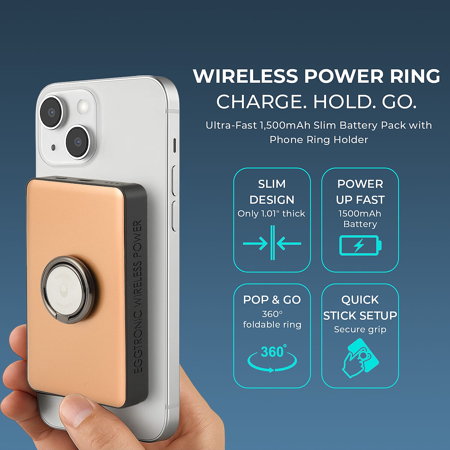 Wireless Power Ring Ultra-Fast 1,500mAh Slim Battery Pack With Phone ring Holder - Gold