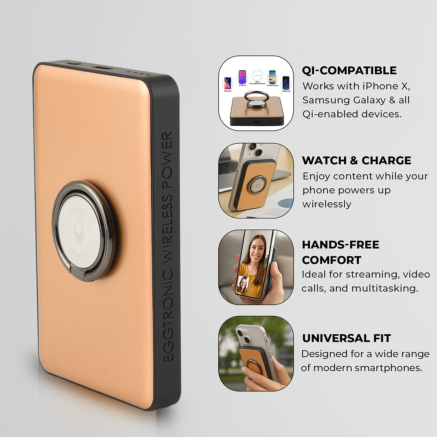 Wireless Power Ring Ultra-Fast 1,500mAh Slim Battery Pack With Phone ring Holder - Gold