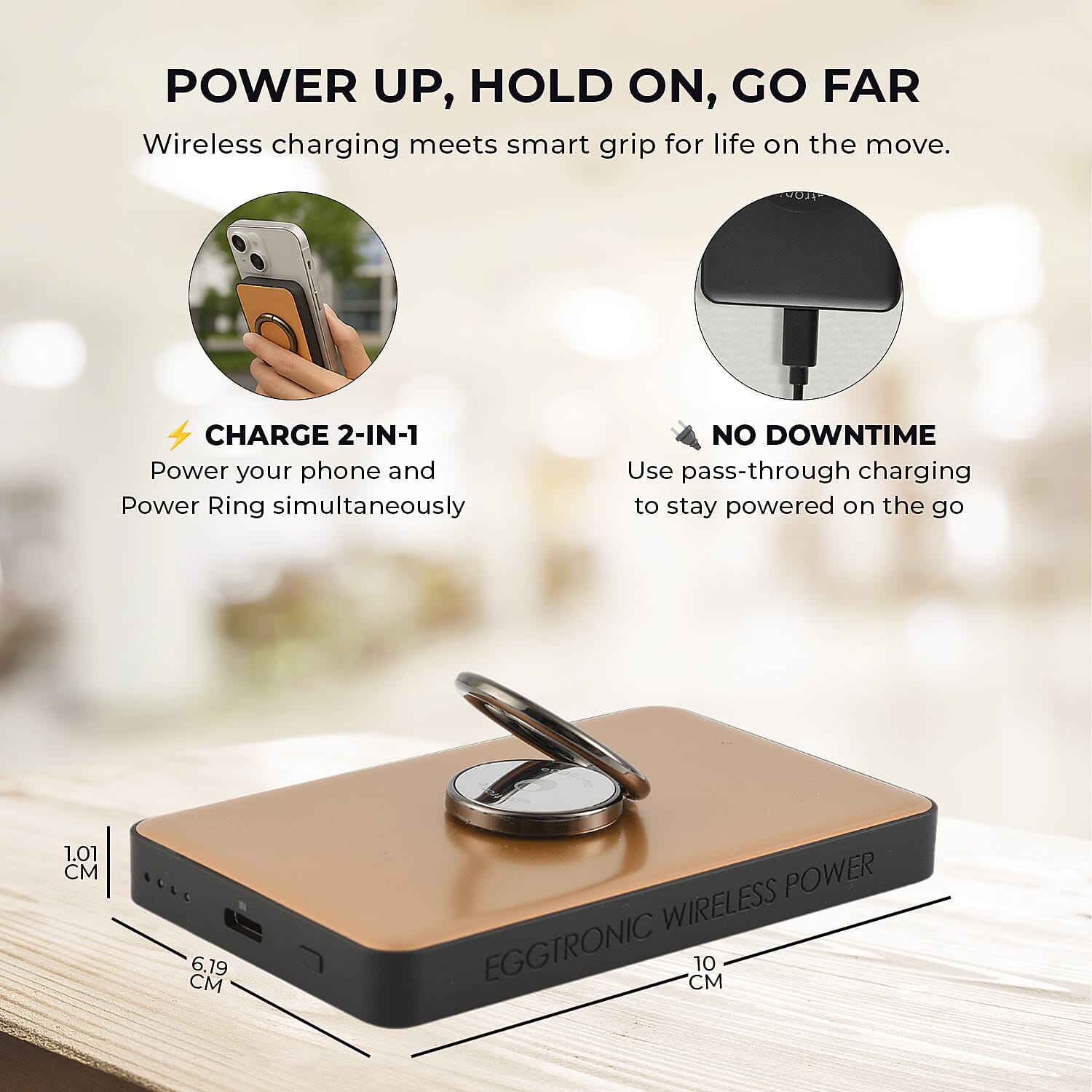 Wireless Power Ring Ultra-Fast 1,500mAh Slim Battery Pack With Phone ring Holder - Gold