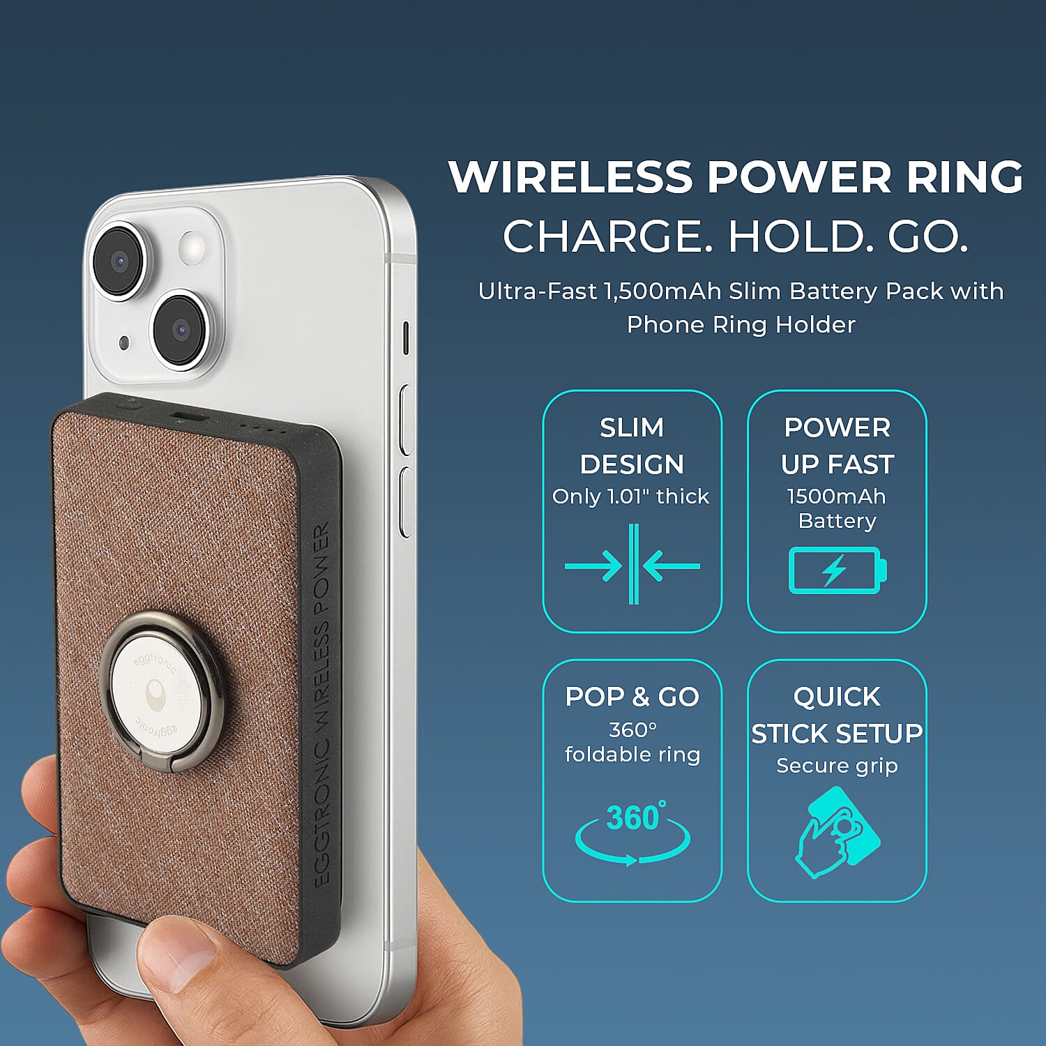 Wireless Power Ring Ultra-Fast 1,500mAh Slim Battery Pack With Phone ring Holder