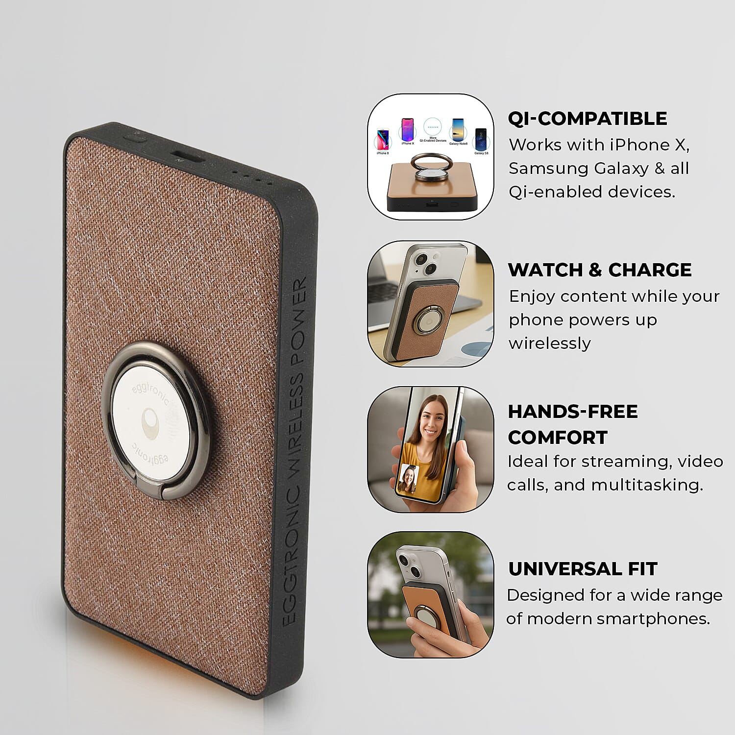 Wireless Power Ring Ultra-Fast 1,500mAh Slim Battery Pack With Phone ring Holder