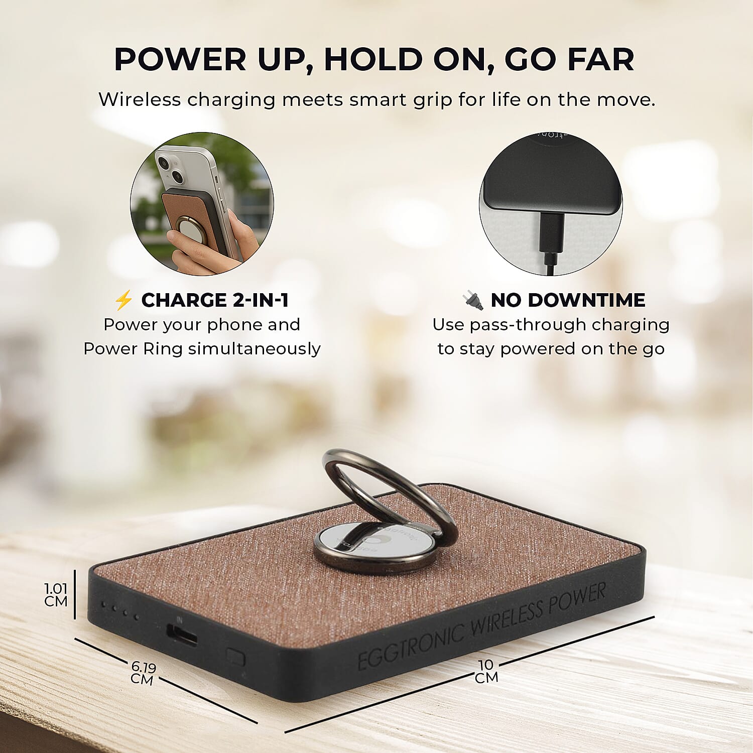 Wireless Power Ring Ultra-Fast 1,500mAh Slim Battery Pack With Phone ring Holder