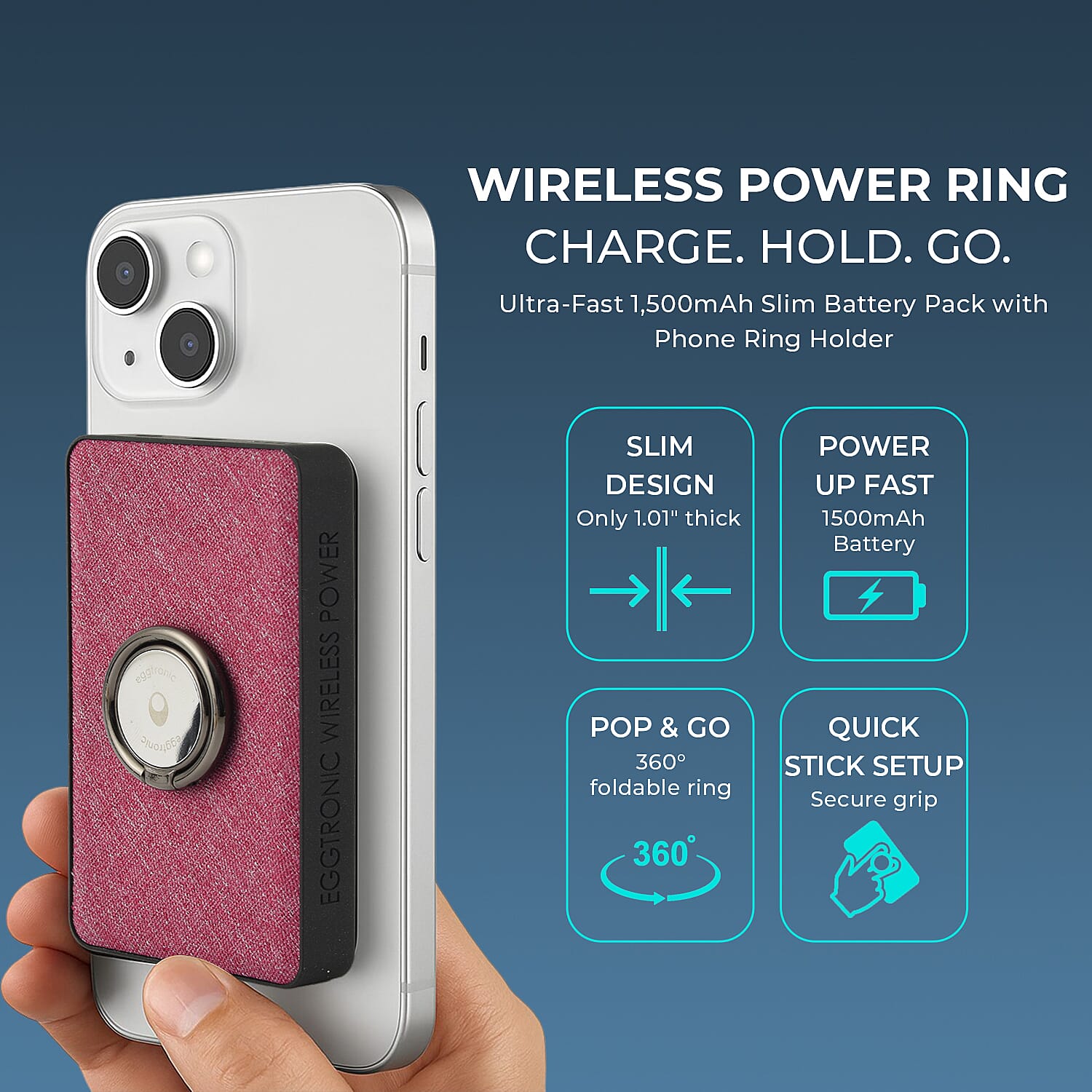 Wireless Power Ring Ultra-Fast 1500mAh Slim Battery Pack With Phone ring Holder - Pink