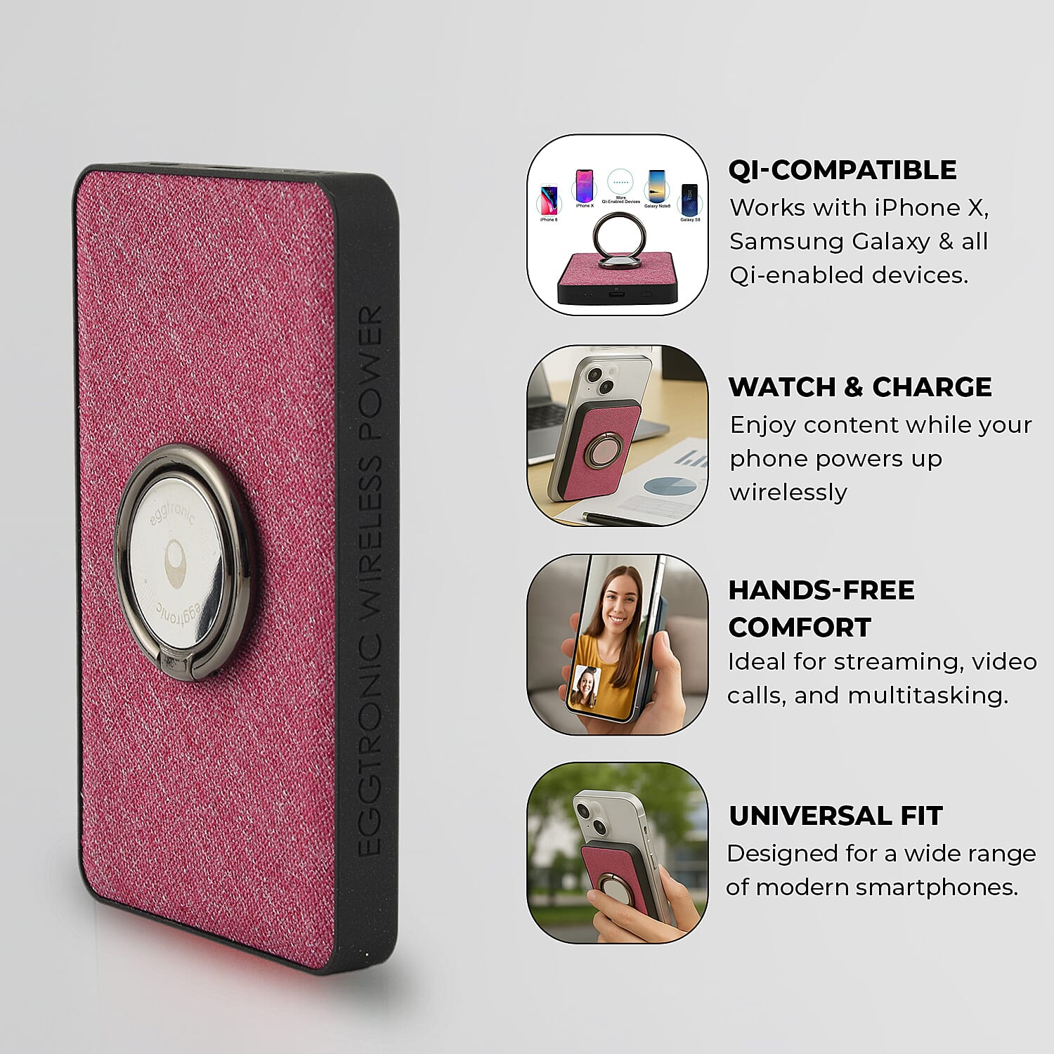 Wireless Power Ring Ultra-Fast 1500mAh Slim Battery Pack With Phone ring Holder - Pink