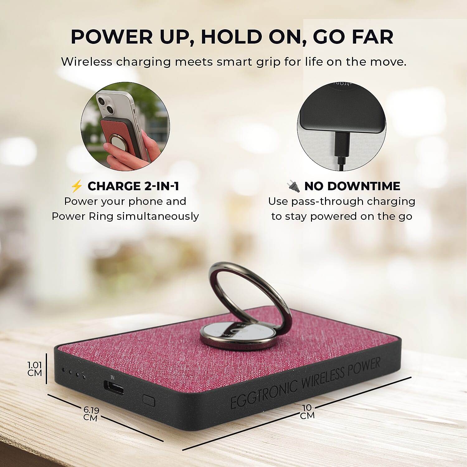 Wireless Power Ring Ultra-Fast 1500mAh Slim Battery Pack With Phone ring Holder - Pink