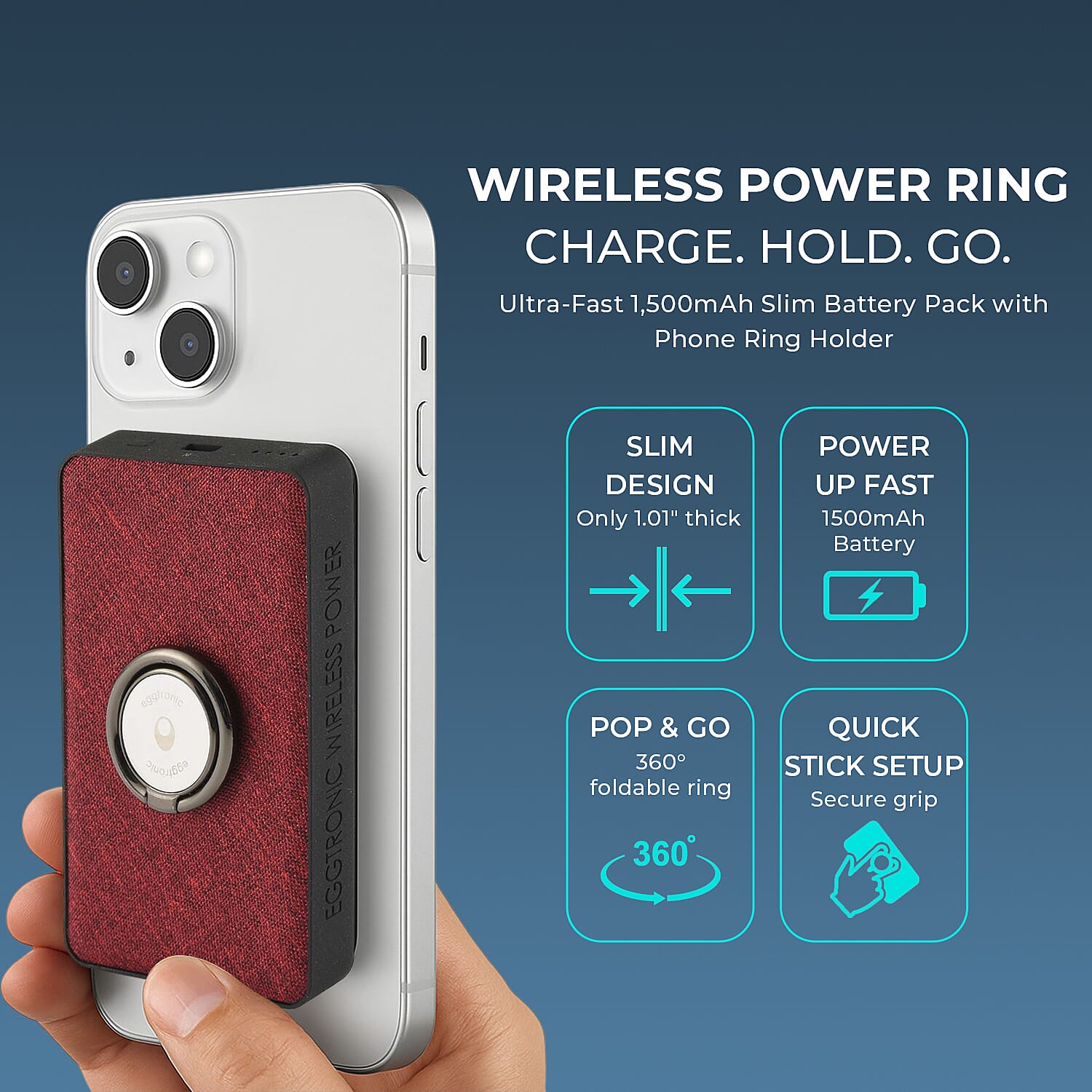 Wireless Power Ring Ultra-Fast 1,500mAh Slim Battery Pack With Phone ring Holder