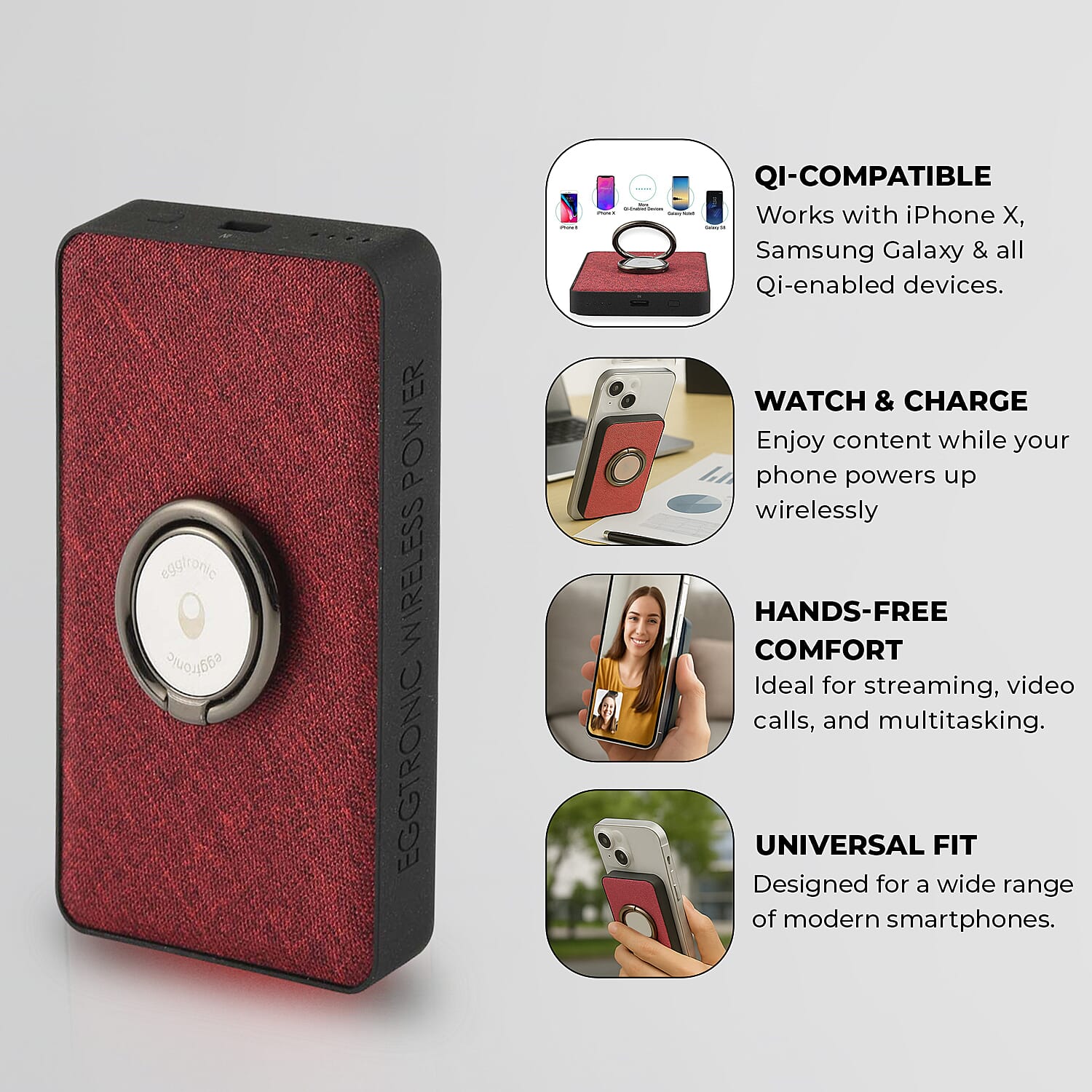 Wireless Power Ring Ultra-Fast 1,500mAh Slim Battery Pack With Phone ring Holder