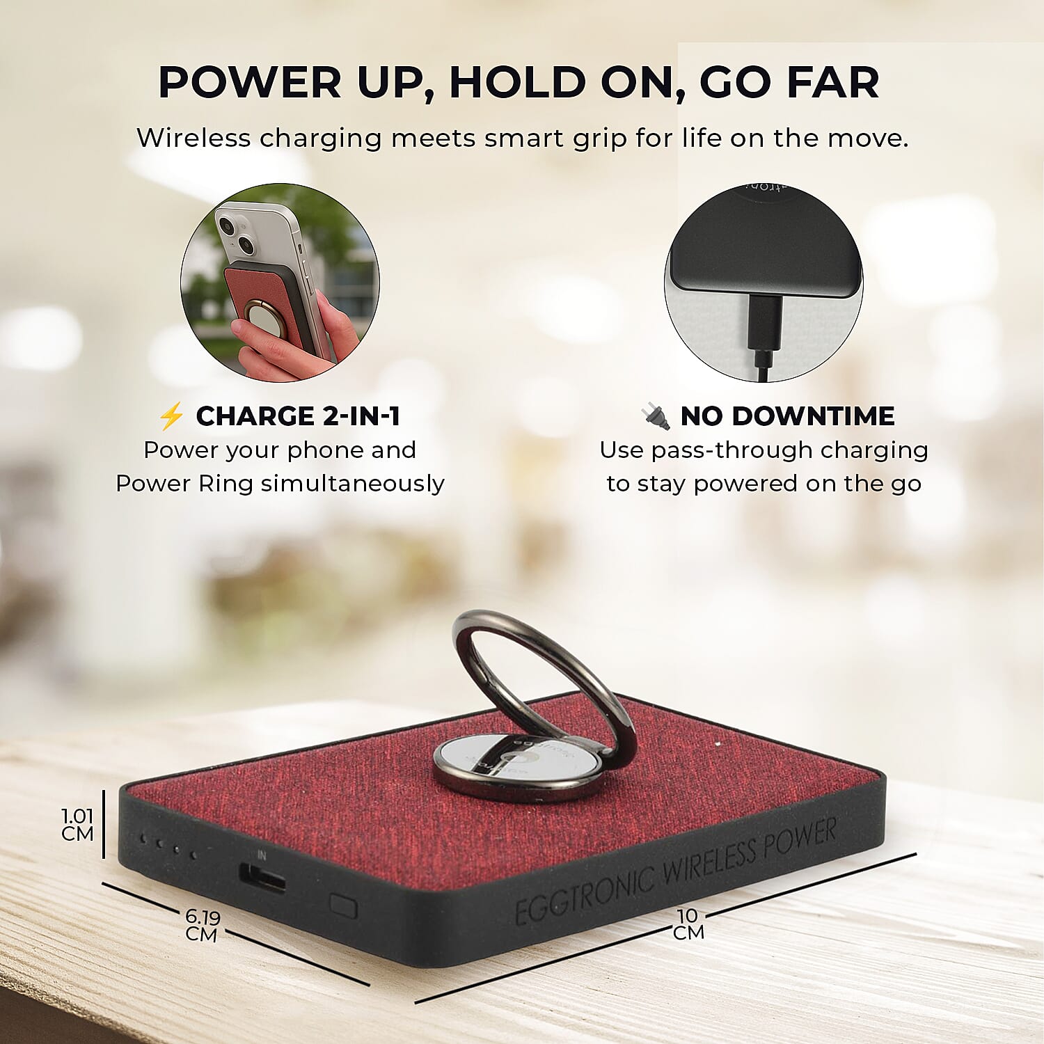 Wireless Power Ring Ultra-Fast 1,500mAh Slim Battery Pack With Phone ring Holder