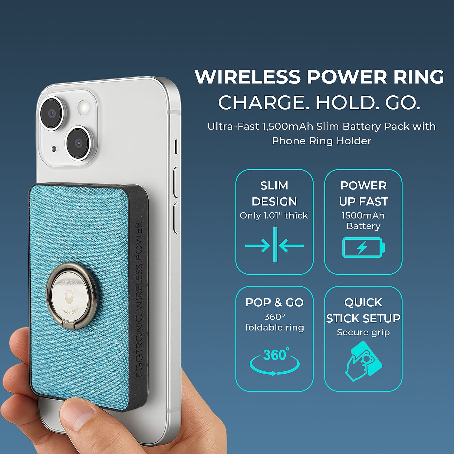 Wireless Power Ring Ultra-Fast 1,500mAh Slim Battery Pack With Phone ring Holder