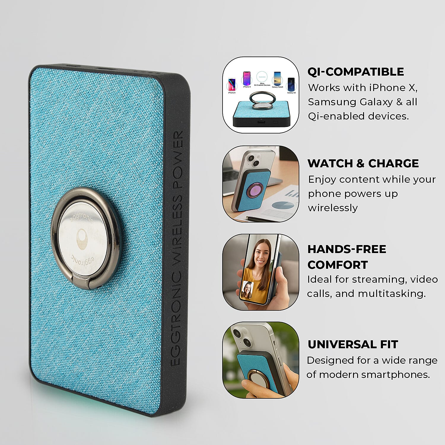 Wireless Power Ring Ultra-Fast 1,500mAh Slim Battery Pack With Phone ring Holder