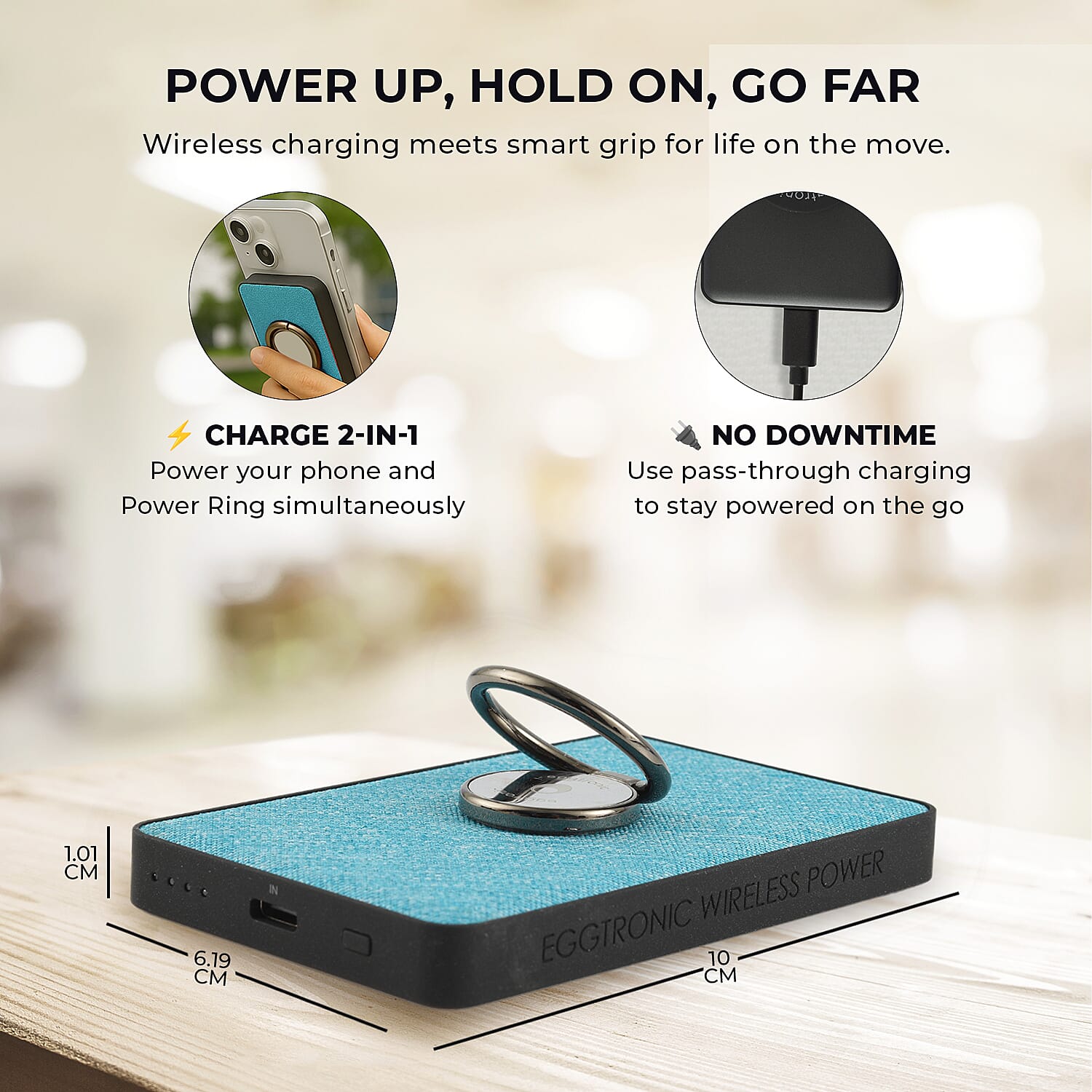 Wireless Power Ring Ultra-Fast 1,500mAh Slim Battery Pack With Phone ring Holder