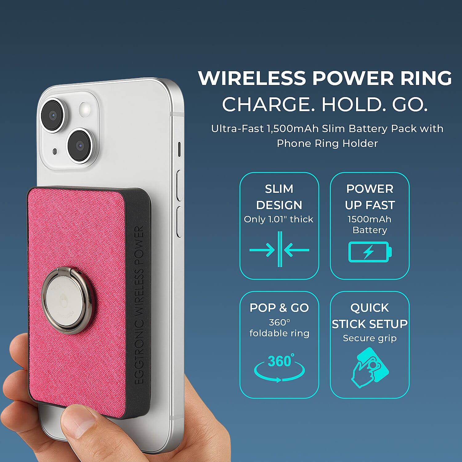 Wireless Power Ring Ultra-Fast 1,500mAh Slim Battery Pack With Phone ring Holder