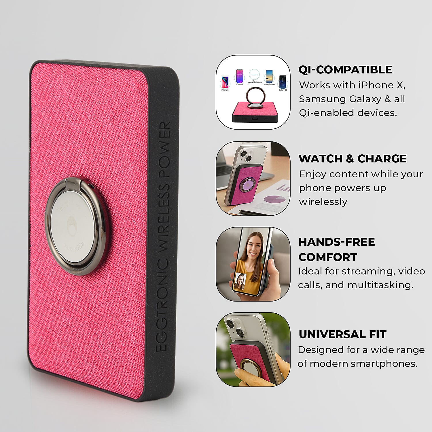 Wireless Power Ring Ultra-Fast 1,500mAh Slim Battery Pack With Phone ring Holder