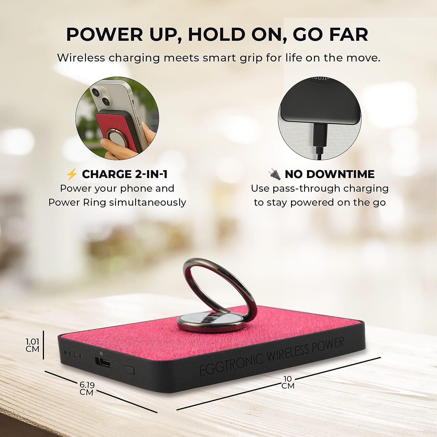 Wireless Power Ring Ultra-Fast 1,500mAh Slim Battery Pack With Phone ring Holder