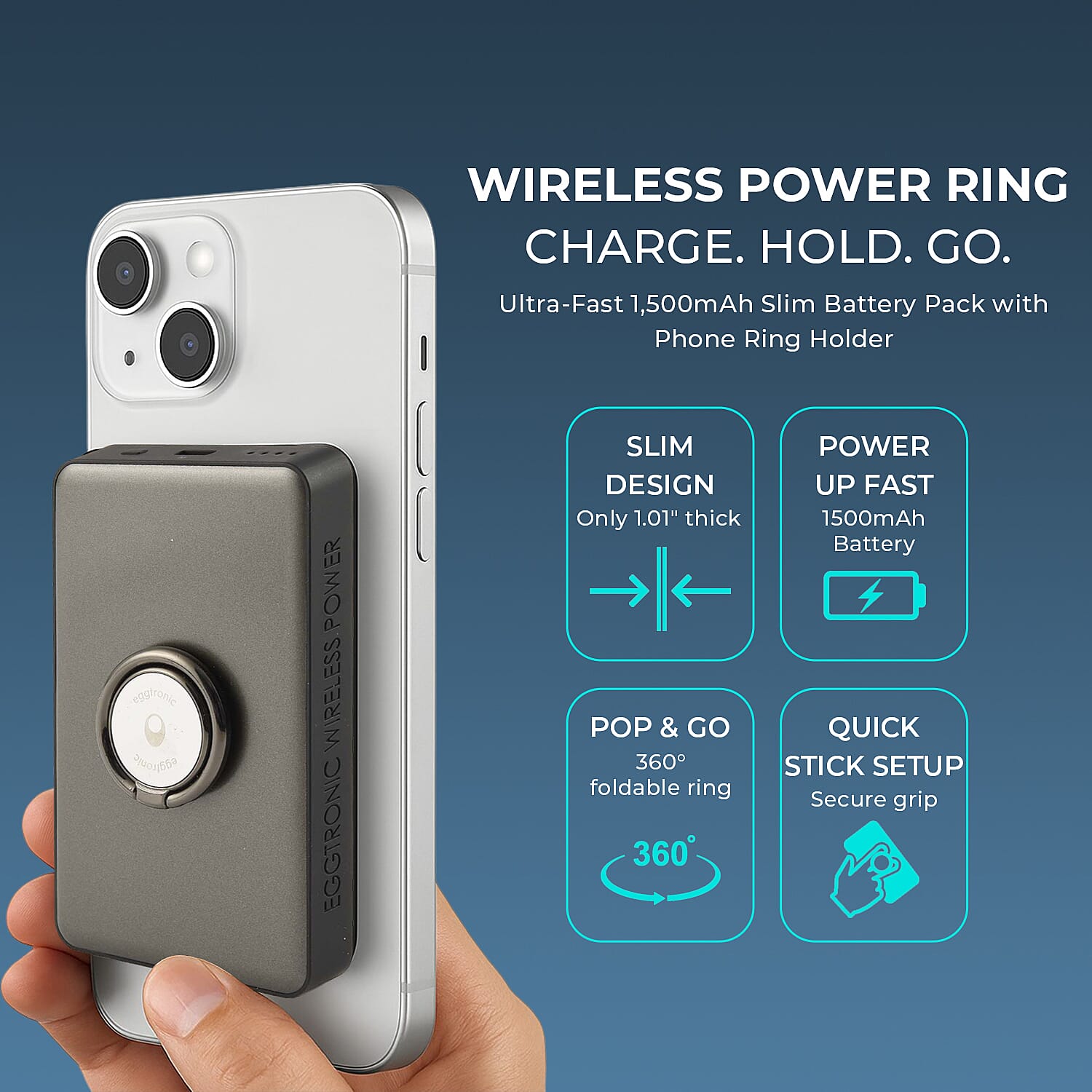 Wireless Power Ring Ultra-Fast 1,500mAh Slim Battery Pack With Phone ring Holder